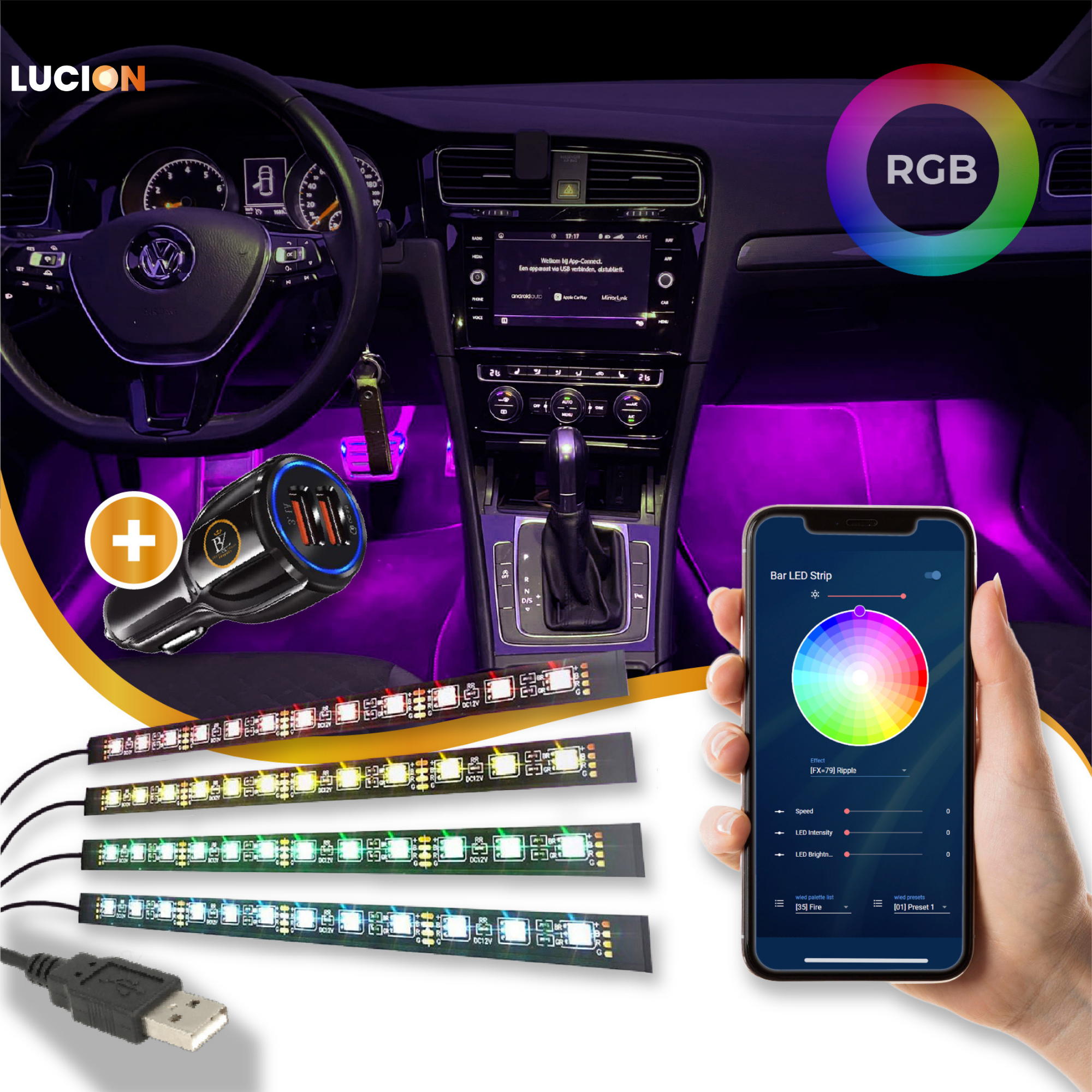 Lucion® Led strip auto - Auto interieur verlichting met applicatie bediening