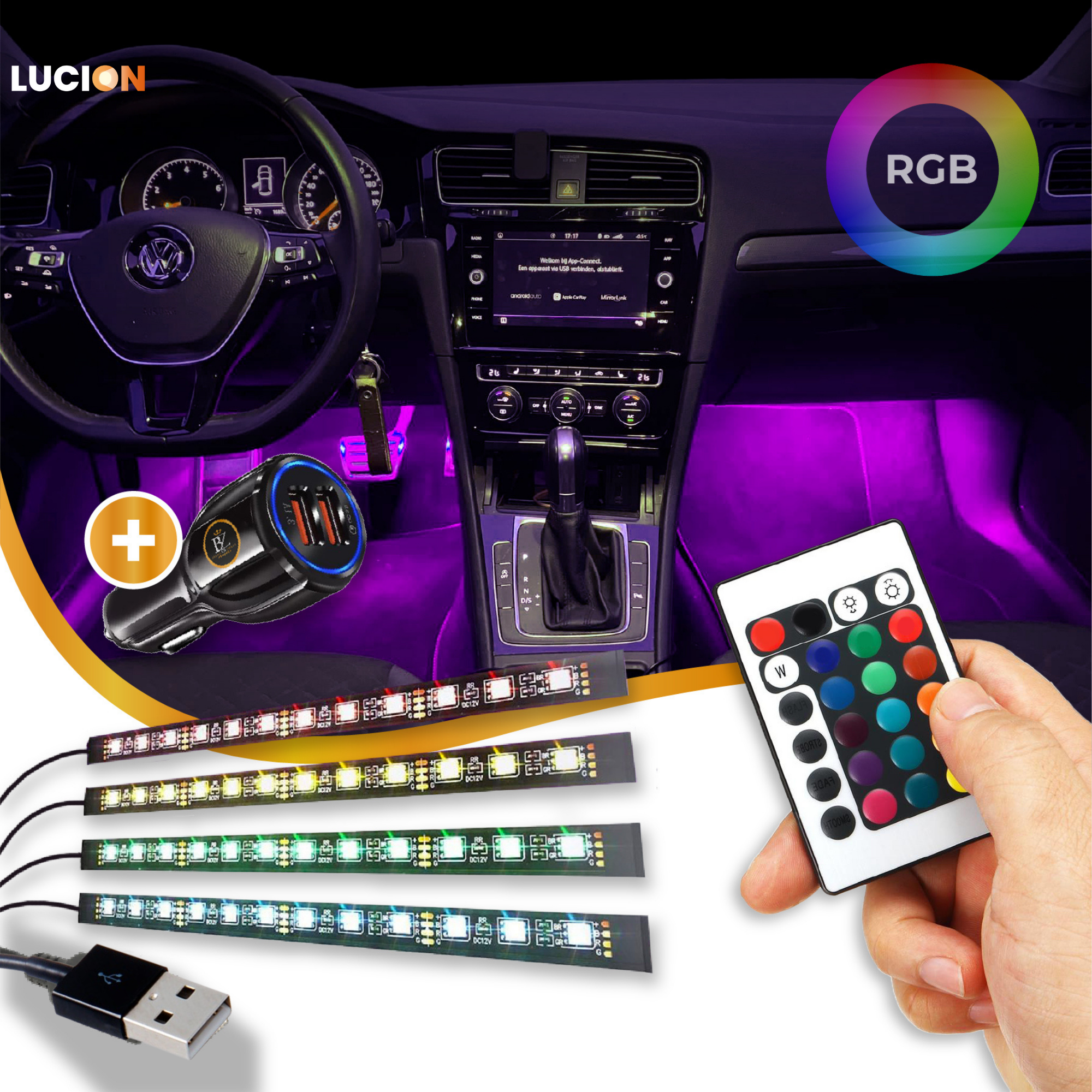 Lucion® Led strip auto - Auto interieur verlichting met afstandsbediening