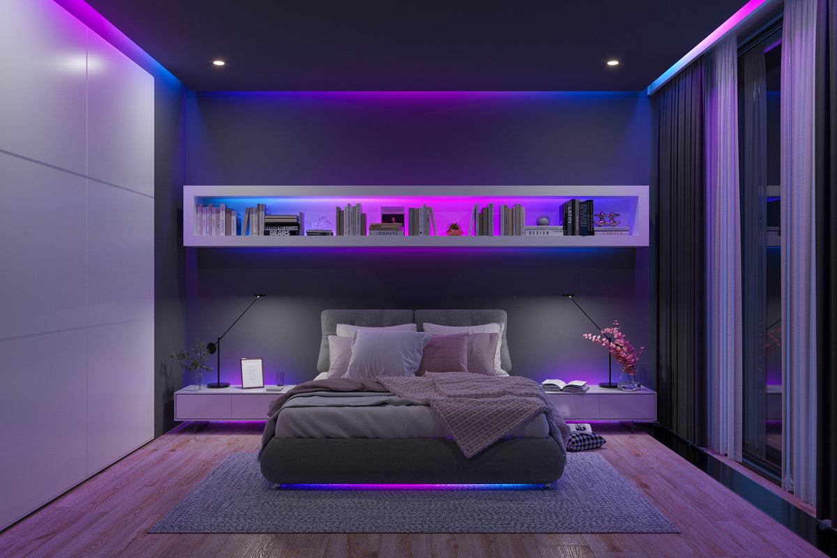 Slaapkamer met blauwe en paarse led strips