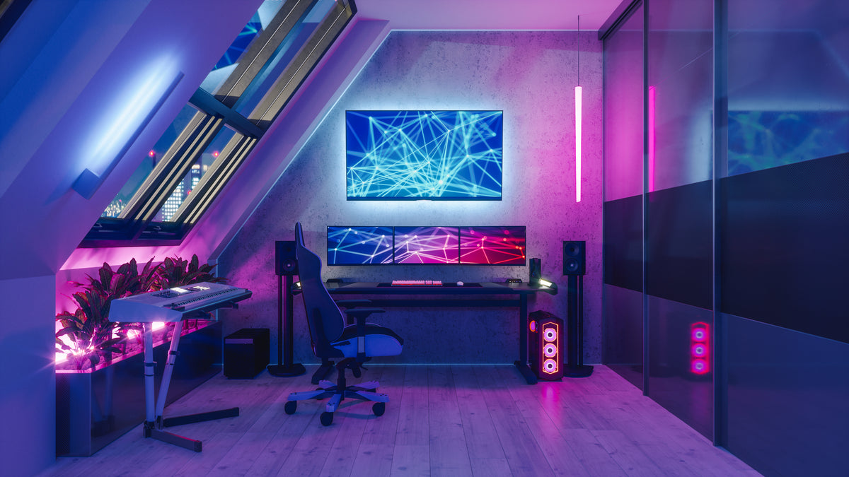 Gaming room met blauwe en paarse led verlichting