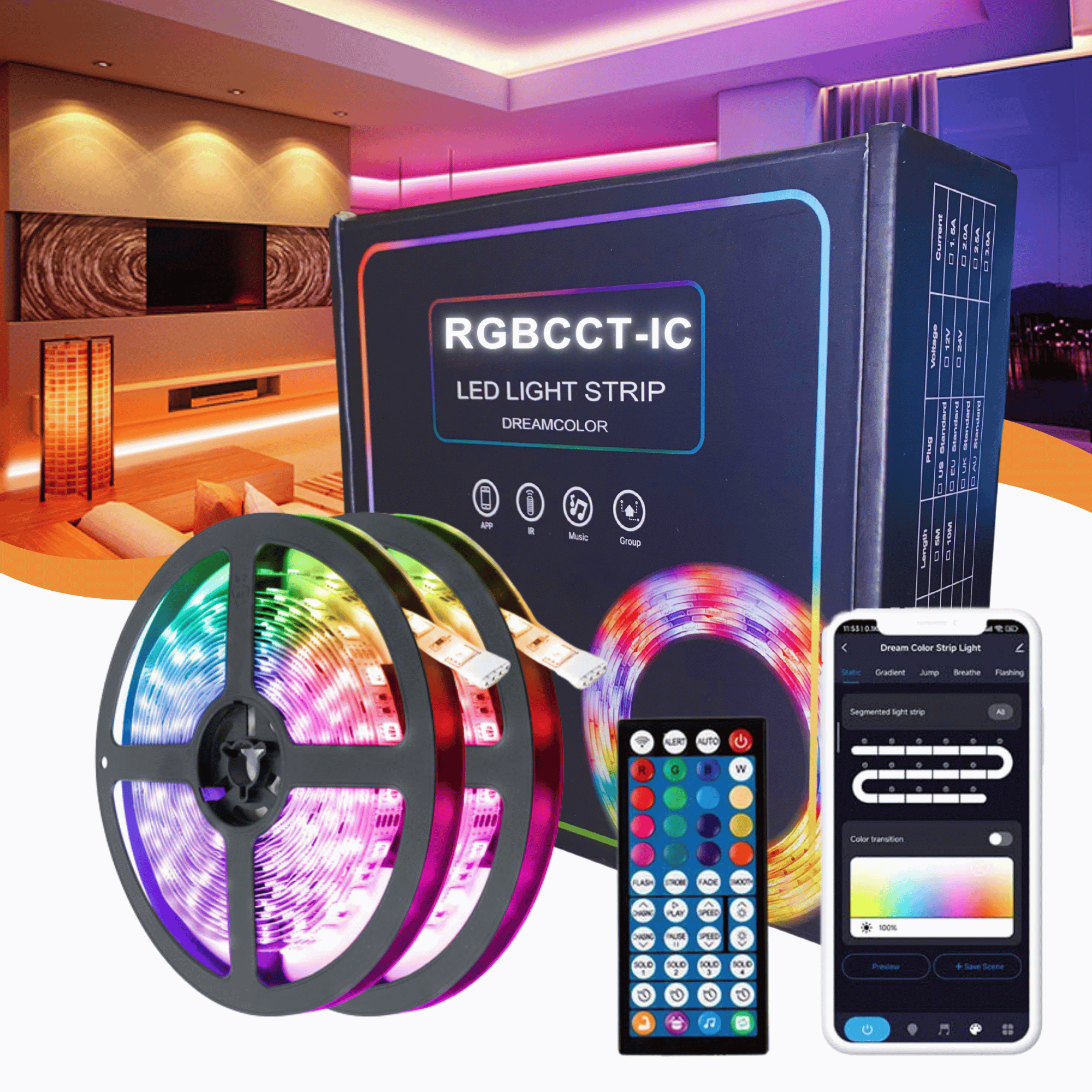 Lucion® LED verlichting - Slimme led strip 5 meter RGBIC-CCT (WW)