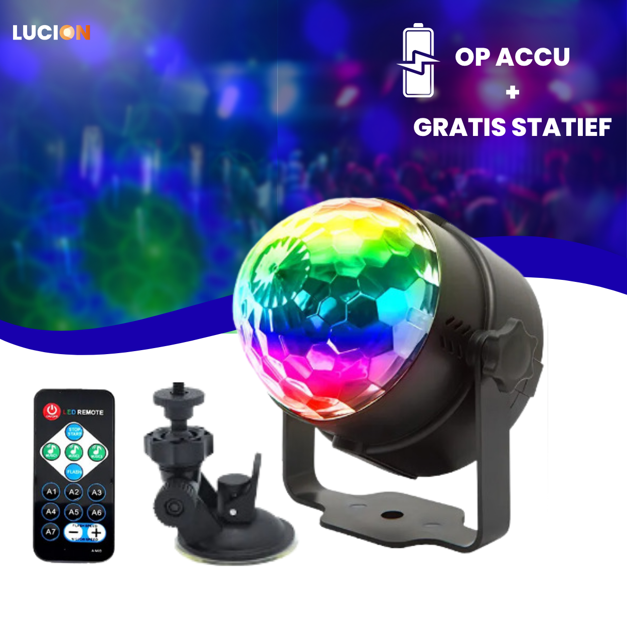 Lucion® Discolamp - Feestverlichting op accu met statief en afstandsbediening