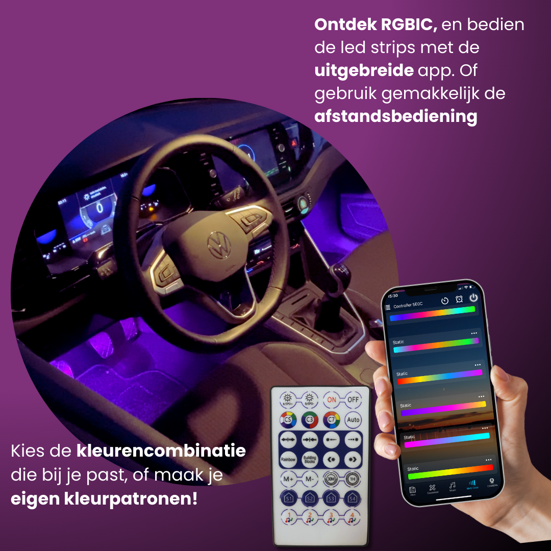 Brakel & Zwaan® Led strip auto RGBIC - Auto interieur verlichting met app- & afstandsbediening - Lucion Lights